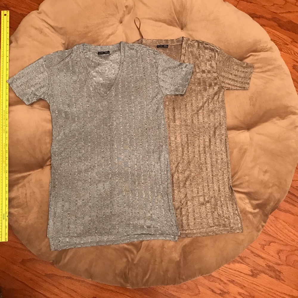 Zara Ribbed Metallic Golden V-Neck Shirt